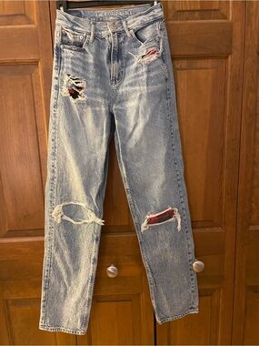 American Eagle Outfitters Light Wash Straight Leg Jeans with Red Plaid Underlays